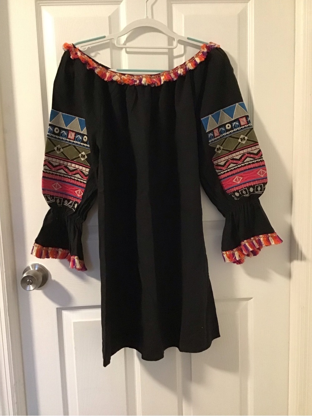 NWT! Velzera Black Off-Shoulder Dress with Colorful Embroidered Sleeves